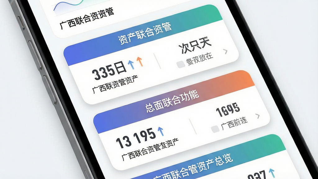 一张展示广西联合资管资产总览功能界面的预览图,主体为手机屏幕特写,屏幕中呈现多个圆角数据卡片纵向排列,每个卡片内包含数字和标签文字,布局采用上下结构,排版整齐留白适中,风格为清爽商务风,细节包括卡片阴影和渐变色标题栏,画质清晰干净,画面中文字标注“广西联合资管”