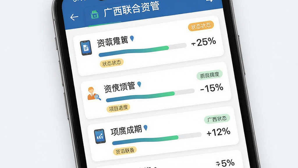 一张展示广西联合资管项目进度跟踪功能界面的预览图,主体为手机屏幕,屏幕内呈现纵向项目列表,每个项目带有进度条和百分比数字,布局为单列排列,排版简洁明了,风格为现代商务,细节包括状态标签颜色区分和图标点缀,画质高清干净,画面中文字标注“广西联合资管”