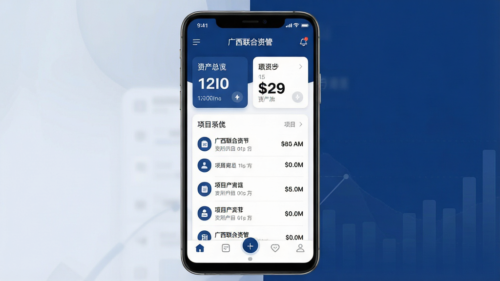一张展示广西联合资管手机应用界面的预览图,主体为一部竖屏安卓手机,屏幕内呈现资产管理仪表盘布局,包含资产总览卡片、项目列表和底部导航栏,布局清晰居中对齐,排版采用现代扁平化风格,色调以深蓝和白色为主,细节包括图标圆角处理和数字字体加粗,画质高清干净,无多余元素,画面中文字标注“广西联合资管”