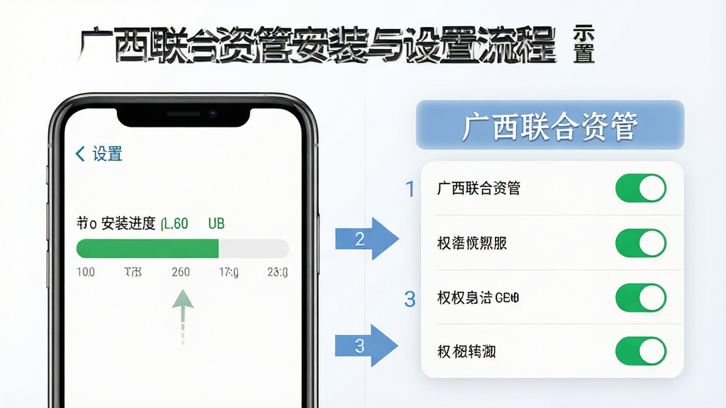 一张展示广西联合资管安装与设置流程的示意图,主体为手机屏幕和设置菜单的合成画面,布局为左右分栏,左侧展示安装进度条右侧展示权限开关列表,排版清晰对比明显,风格为教程图解风,细节包括箭头指引和步骤编号,画质高清干净,画面中文字标注“广西联合资管”