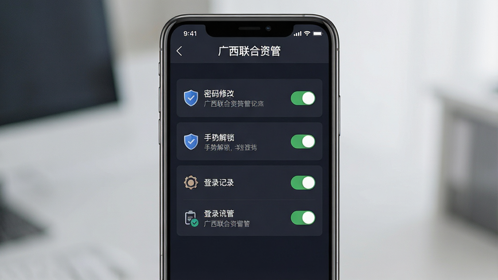 一张展示广西联合资管账户安全设置界面的预览图,主体为手机屏幕,屏幕内呈现安全中心页面,包含密码修改、手势解锁、登录记录等选项列表,布局为分组排列,排版规范整齐,风格为安全防护主题的深色调,细节包括盾牌图标和开关控件,画质高清干净,画面中文字标注“广西联合资管”