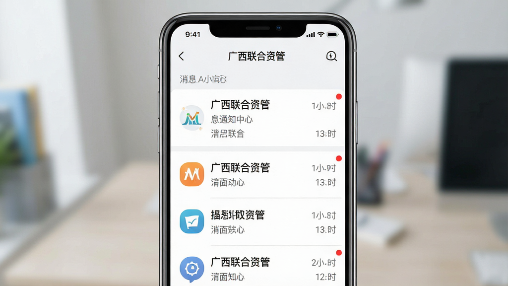 一张展示广西联合资管消息通知中心界面的预览图,主体为手机屏幕,屏幕内呈现按时间排列的消息列表,每条消息左侧有图标右侧有文字和时间,布局为纵向列表,排版清晰有序,风格为简约浅色,细节包括未读红点和分割线,画质清晰干净,画面中文字标注“广西联合资管”