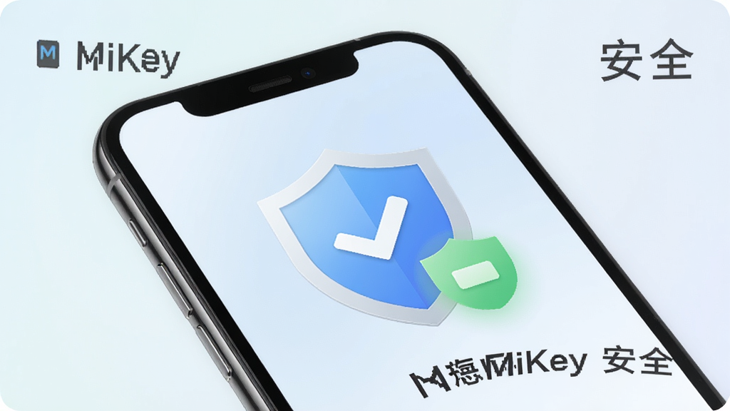 一张展示MiKey安全稳定运行的图片,画面中手机屏幕显示盾牌图标与绿色安全标识,背景为柔和的浅色渐变,风格清新简洁,细节清晰,画质干净,图片中带有文字