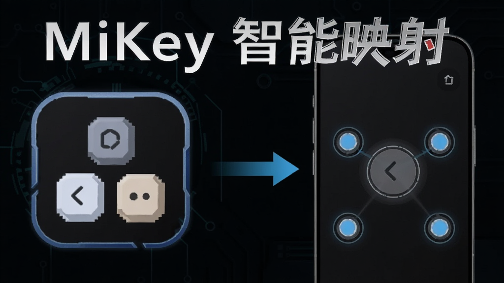 一张展示MiKey智能按键映射功能的图片,画面左侧显示一个虚拟按键图标,右侧显示手机屏幕上的触控点,中间用箭头连接表示映射关系,背景为深色科技风格,细节清晰,画质干净,图片中带有文字