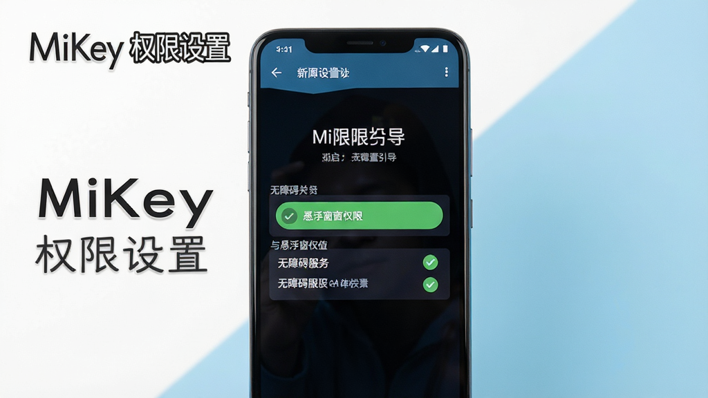 一张展示MiKey新手设置步骤的图片,画面中手机屏幕显示权限开启引导界面,包含无障碍服务与悬浮窗权限的勾选状态,背景为简洁的白色与浅蓝色调,风格清晰直观,细节明确,画质干净,图片中带有文字
