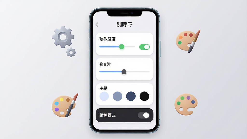 һ��չʾ�����App���Ի����ý����ͼƬ������������һ���ֻ���Ļ��ʾ�����App������ҳ�棬��Ļ���������Ȼ��顢�����������������л�ɫ��Ͱ�ɫģʽ���أ��ֻ���Χ�г���ͼ��͵�ɫ��ͼ����Ϊװ�Σ�����Ϊǳ��ɫ���䣬����Ϊ�ֻ����У�����ѡ�ֱ���У�������Բ�ǣ�ϸ�ڰ���