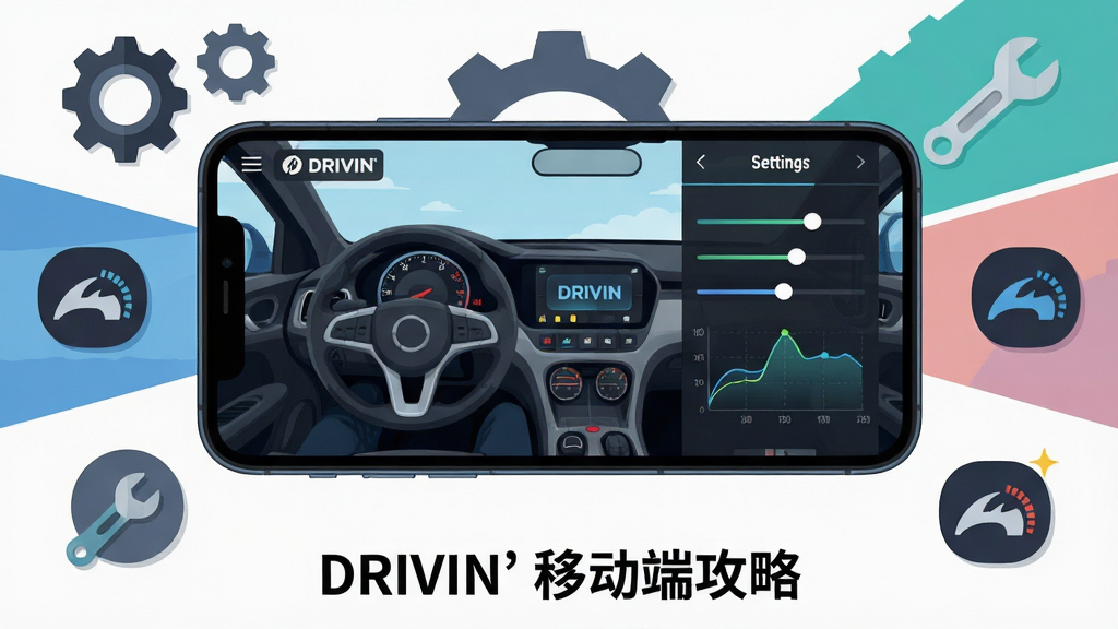 画面主体为一部智能手机横向放置,屏幕上显示DRIVIN'的驾驶画面与设置菜单,布局以手机为视觉中心,周围环绕着齿轮、扳手与性能图标,排版呈放射状。风格为扁平化科技插画,细节包括屏幕内的仪表盘、设置滑块、性能曲线,画质清晰干净,无多余元素,画面底部居中标注文字