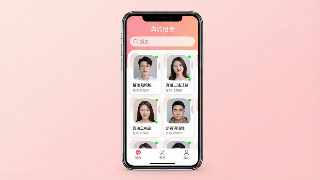 一张手机屏幕展示相亲软件界面的图片,画面中央放置一部竖向手机,手机屏幕上显示名为“真诚相亲”的APP首页,页面顶部有搜索栏,中部排列多个真人头像卡片,底部有消息、发现、我的等导航按钮,背景为浅粉色渐变,风格简约温馨,细节上头像卡片带在线状态小绿点,界面文字清晰,画质高清,干净无多余元素