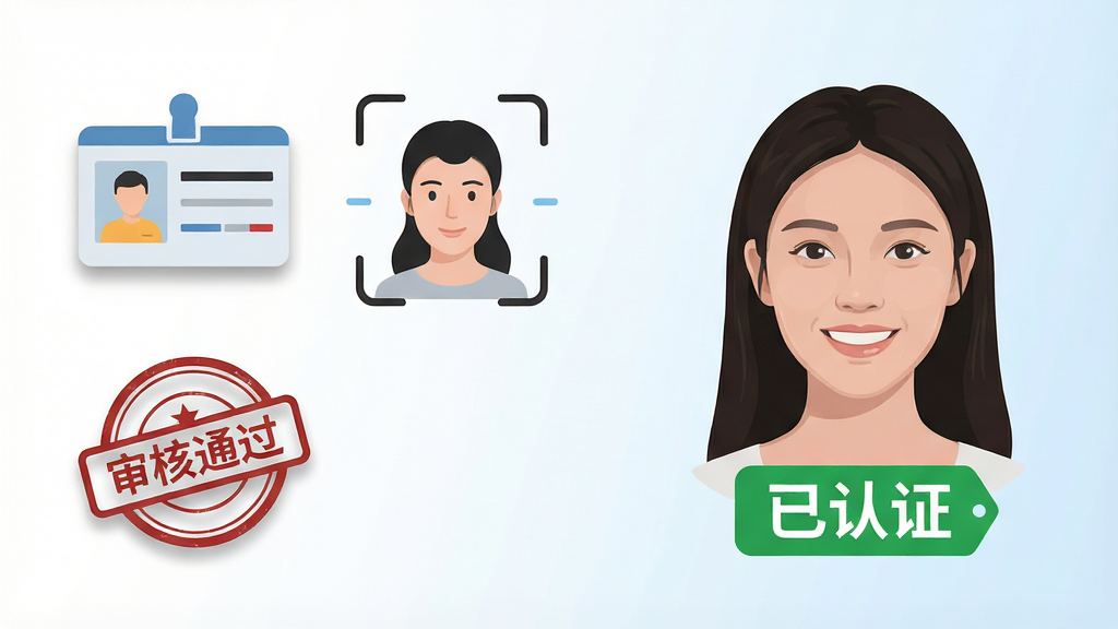 一张展示真人实名认证流程的图片,画面左侧排列身份证、人脸识别框、审核通过印章三个图标,右侧展示一位年轻女性微笑头像与“已认证”绿色标签,背景为白色与浅蓝渐变,风格清新扁平化,细节上图标带轻微阴影,文字为中文,画质高清,干净无多余元素