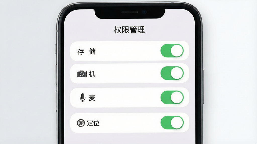 一张展示手机安全设置界面的图片,画面中央是一部手机,屏幕显示“权限管理”页面,包含存储、相机、麦克风、定位四个开关按钮,其中定位开关为绿色开启状态,背景为浅灰与白色,风格简洁商务,细节上按钮带圆角,文字为中文,画质高清,干净无多余元素
