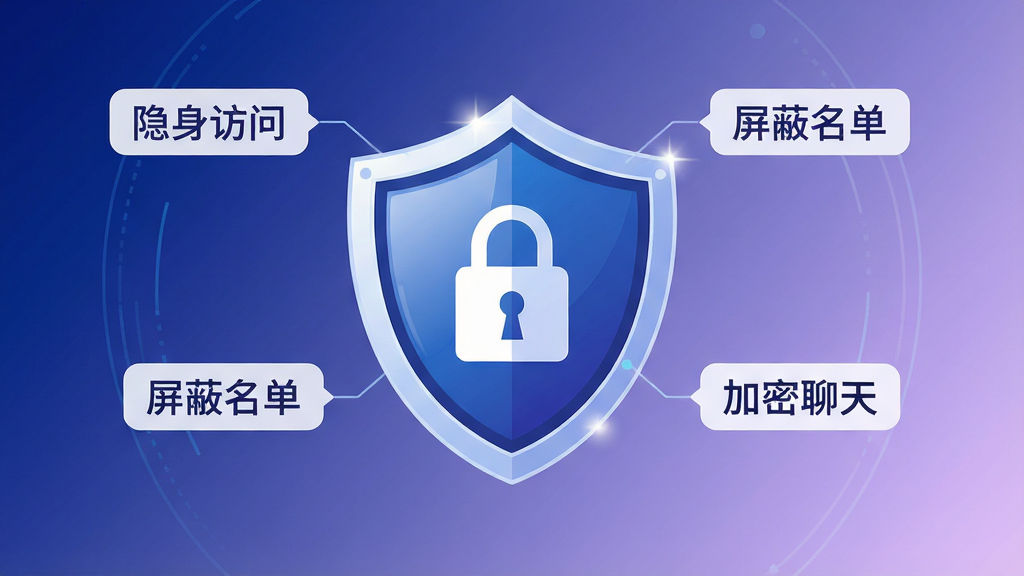 一张展示隐私安全保护功能的图片,画面中央是一个盾牌图标,盾牌上有锁形图案,周围环绕“隐身访问”“屏蔽名单”“加密聊天”三个标签,背景为深蓝与浅紫渐变,风格科技感扁平化,细节上盾牌带高光,画质高清,干净无多余元素