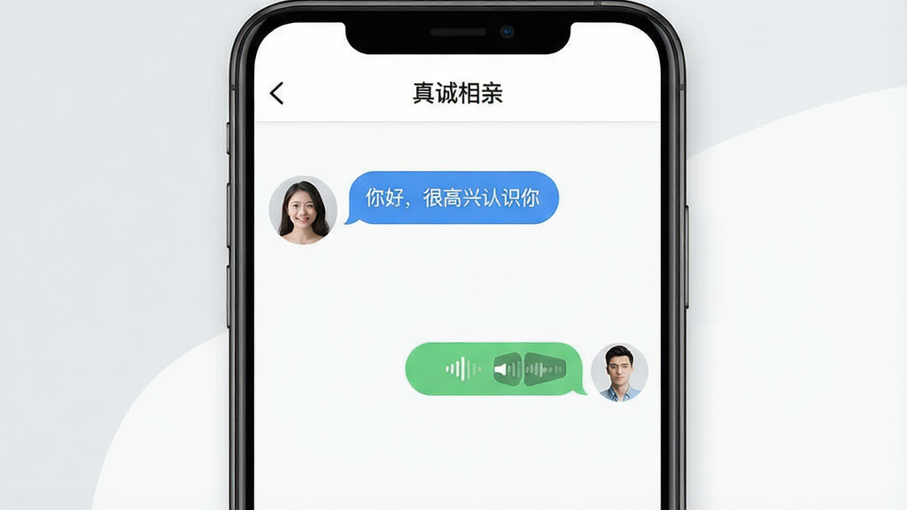 一张展示即时聊天互动界面的图片,画面中央是一部手机,屏幕显示聊天窗口,左侧为女性头像,右侧为男性头像,对话框中有文字“你好,很高兴认识你”和语音条,顶部显示“真诚相亲”名称,背景为浅灰与白色,风格现代简洁,细节上聊天气泡带圆角,画质高清,干净无多余元素