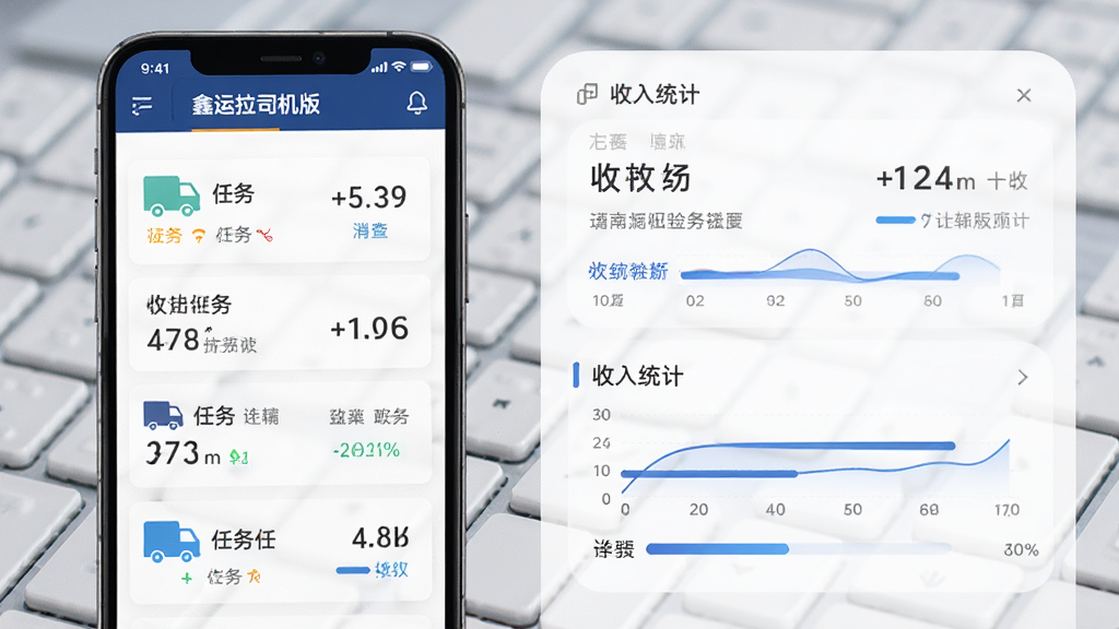 鑫运拉司机版任务管理界面,手机屏幕显示运输任务列表和收入统计图表,画面主体为手机屏幕和统计图表,布局为竖版,风格简洁商务风,细节包括任务卡片、收入数字、进度条,画质高清,干净,无多余元素