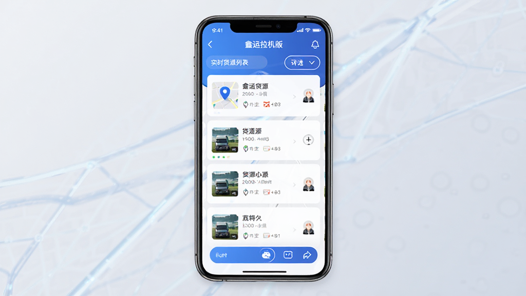 鑫运拉司机版软件界面展示实时货源列表,手机屏幕中显示多条货源信息卡片,画面主体为手机屏幕特写,布局为竖版居中,风格科技感UI展示风,细节包括地图定位图标、货源卡片、筛选按钮,画质清晰,干净,无多余元素