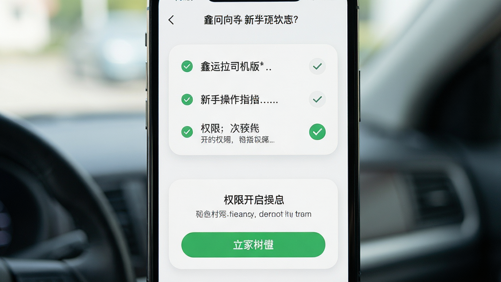 鑫运拉司机版新手操作指引界面,手机屏幕显示设置向导和权限开启提示,画面主体为手机屏幕特写,布局为竖版居中,风格清新简约风,细节包括勾选按钮、提示文字、图标,画质高清,干净,无多余元素