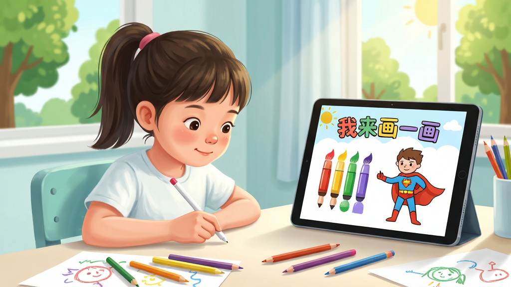 画面主体为一个七岁左右的小女孩坐在明亮的书桌前,手持触控笔在平板电脑上绘画,屏幕上显示“我来画一画”的卡通标题和彩虹色画笔工具;布局上人物居中偏左,右侧展示平板屏幕内容,桌面散落彩色铅笔和画纸;排版采用横版构图,左侧人物与右侧屏幕形成视觉呼应;风格为清新儿童插画风,色彩明快柔和;细节包括小女孩专注的表情、平板屏幕上的简笔画小英雄轮廓、窗外的绿树和阳光;画质清晰干净,无多余元素