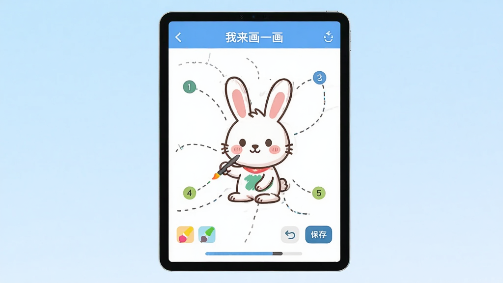 画面主体为一台平板电脑竖屏展示“我来画一画”软件界面,屏幕中央是一只正在绘制的卡通小兔子,周围环绕步骤数字1至5和虚线引导线;布局上平板居中,背景为浅蓝色渐变;排版简洁,突出软件界面;风格为扁平化UI插画风;细节包括彩色画笔图标、撤销按钮、保存按钮和进度条;画质清晰干净,无多余元素