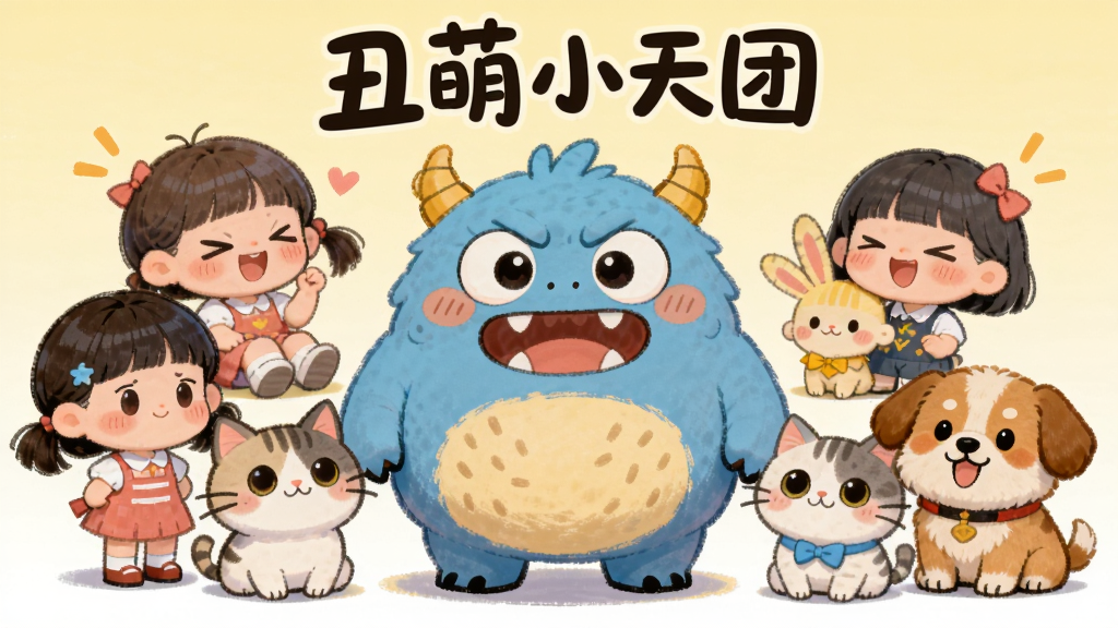 一个圆润可爱的丑萌小怪兽站在画面中央,周围环绕着丑萌小女孩、丑萌小猫、丑萌小狗等Q版角色,整体布局呈半圆形排列,背景为柔和的浅黄渐变,风格为Q版卡通手绘,细节上角色表情夸张逗趣,画质高清干净无多余元素,画面中带有