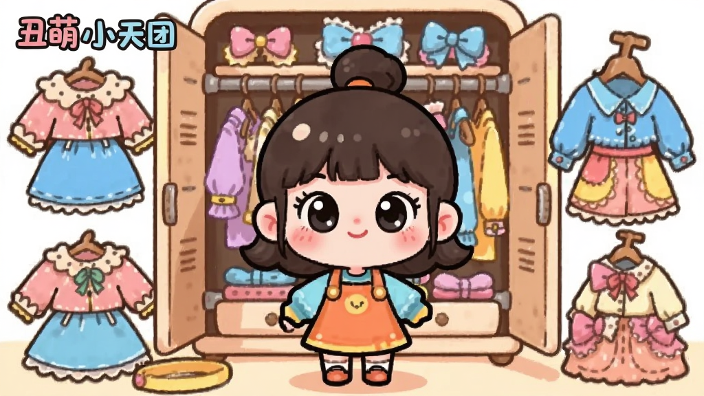 一个丑萌小女孩角色站在衣橱前,周围摆放着各种可爱的服饰和配饰,布局为主体居中四周环绕道具,风格为Q版卡通插画,细节上服饰颜色鲜艳、款式多样,画质高清干净无多余元素,画面中带有