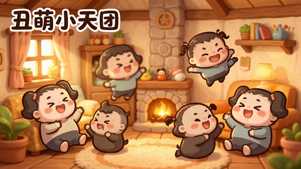 一个温馨的小屋场景中,几个丑萌角色正在互动玩耍,布局为室内场景角色分散在各处,风格为暖色调Q版卡通,细节上角色表情开心、动作生动,画质高清干净无多余元素,画面中带有