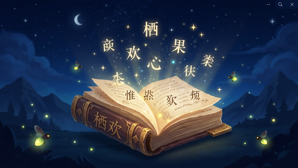 软件主界面展示,画面中央放置一本发光的奇幻风格书籍,书页间飘出成语字符和星星点点光芒,背景为深蓝色夜空与远山剪影,布局采用居中构图,风格为奇幻插画风,细节包括书脊上刻有“栖欢”二字,周围环绕萤火虫光点,画质高清,干净,无多余元素