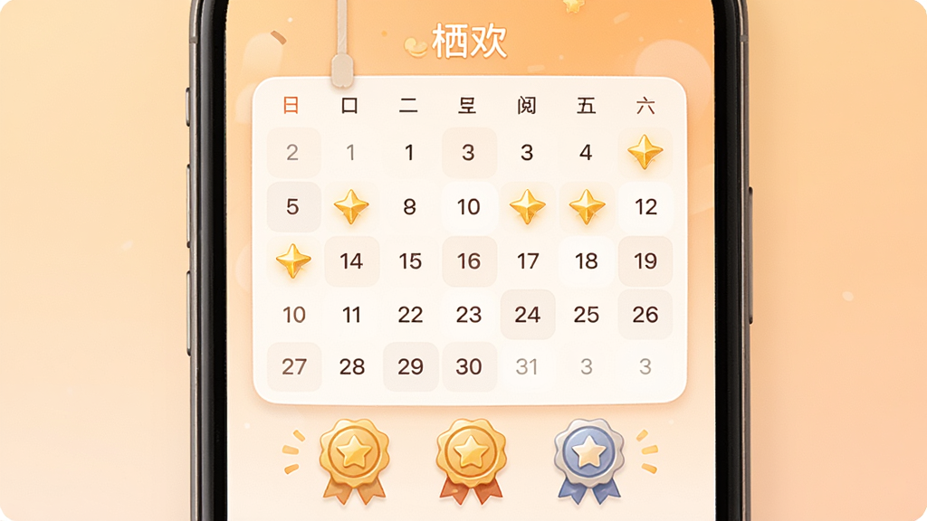 手机界面展示阅读打卡日历,日历上多个日期标记了金色星星,布局为日历网格居中,风格为温暖治愈系,细节包括日历下方有成就徽章图标,背景为淡橙色渐变,画质高清,干净,无多余元素,页面顶部有“栖欢”字样