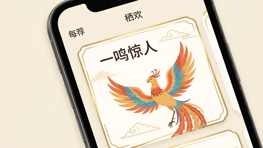 手机屏幕显示每日推荐卡片界面,卡片上有成语“一鸣惊人”和一只展翅的凤凰插图,布局为卡片式排列,风格为清新扁平化设计,细节包括卡片边缘有金色描边,背景为浅米色,画质高清,干净,无多余元素,屏幕上方显示“栖欢”应用名称