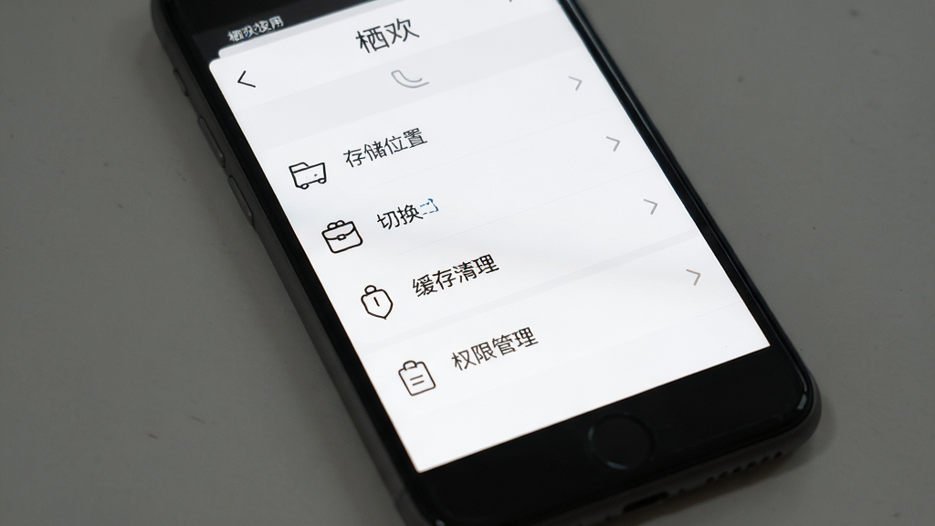 手机屏幕显示栖欢应用设置界面,界面中有存储位置切换、缓存清理、权限管理等选项,布局为列表式排列,风格为简洁工具风,细节包括选项图标为线性风格,背景为白色,画质高清,干净,无多余元素,界面顶部有“栖欢”标题