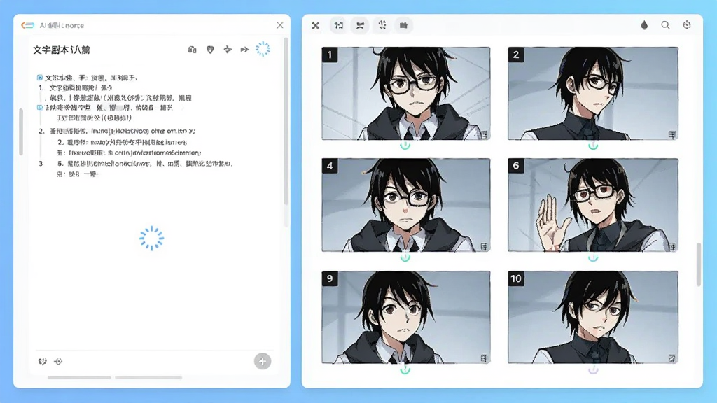 画面展示AI漫剧制作软件界面,左侧是文字剧本输入框,右侧自动生成多格漫画分镜预览,分镜中包含不同角度的角色画面,界面风格简洁现代,背景为浅蓝色渐变,细节有加载动画与分镜编号,画质清晰干净,无多余元素