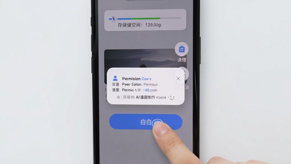 画面展示AI漫剧制作软件在手机上的操作界面,用户手指正在点击导出按钮,屏幕上方显示进度条与存储空间提示,背景为简洁的浅灰色,细节包括权限弹窗与缓存清理图标,画质清晰干净,无多余元素