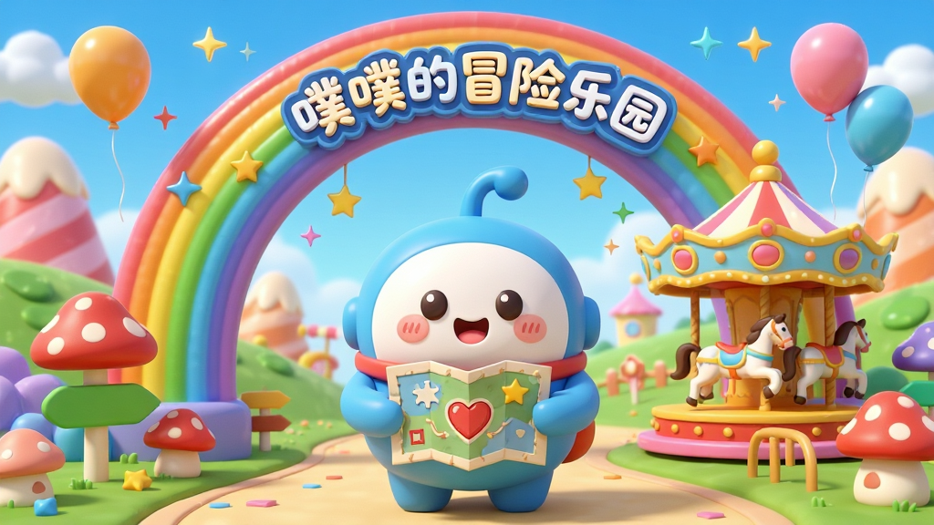 画面主体是一个圆润可爱的卡通角色噗噗站在色彩缤纷的冒险乐园入口,周围环绕着彩虹拱门、旋转木马和闪烁的星星装饰,布局采用中心构图,角色位于画面正中央,背景是蓝天白云和糖果色的山丘,风格为清新明快的卡通渲染,细节包括角色手中的小地图、路边的蘑菇指示牌和漂浮的气球,画质要求高清、干净、无多余元素,画面中文字标注“噗噗的冒险乐园”。