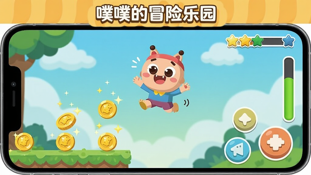 画面主体是手机屏幕中显示噗噗的冒险乐园游戏界面,角色正在跳跃收集金币,布局为竖屏手游视角,画面右侧有虚拟按钮和进度条,风格为扁平卡通设计,细节包括金币闪光效果、关卡进度星星和角色表情变化,画质清晰明亮、无杂乱元素,屏幕上方显示文字“噗噗的冒险乐园”。