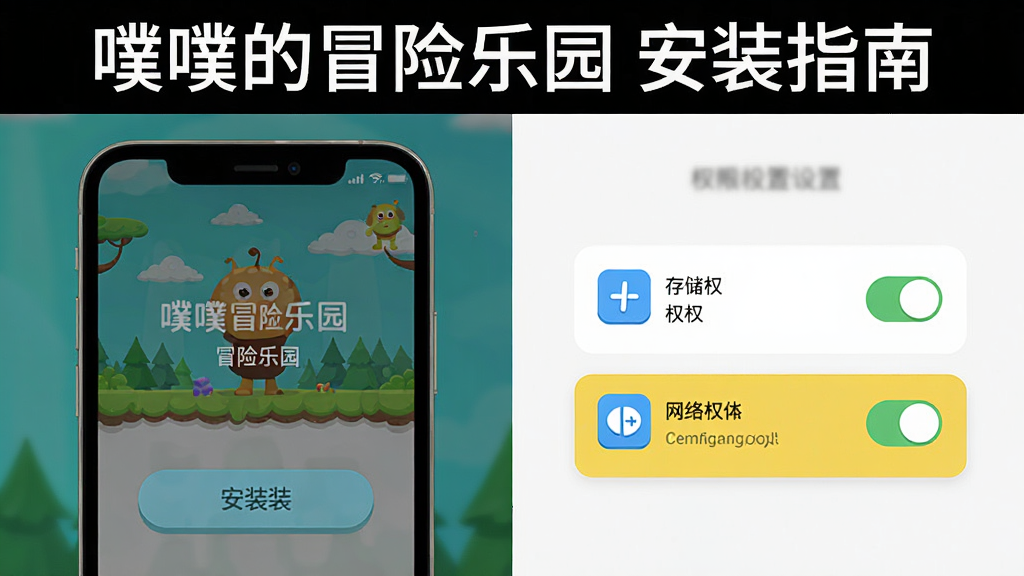 画面主体是手机屏幕显示噗噗的冒险乐园安装界面和权限设置页面,布局为左右分屏对比,左侧展示安装按钮,右侧展示权限开关列表,风格为扁平化UI示意图,细节包括高亮的存储权限和网络权限图标,画质干净清晰,画面顶部文字“噗噗的冒险乐园 安装指南”。