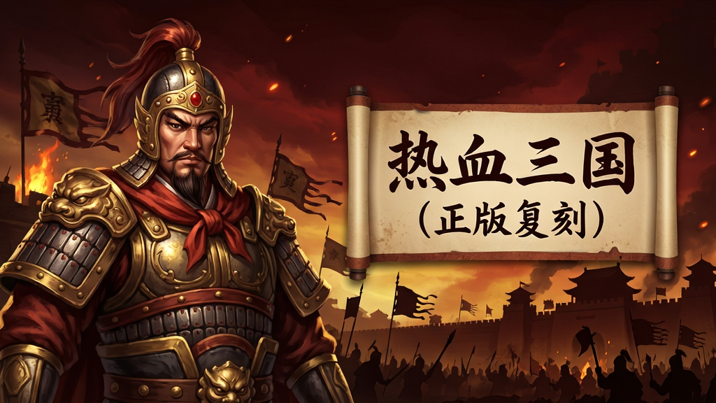 一张展示经典三国策略游戏复刻版登录界面的图片,画面左侧是身着铠甲的威武武将半身像,右侧是写有“热血三国(正版复刻)”字样的卷轴式标题,背景为古战场烽火与城池剪影,整体风格复古大气,色彩以暗红与金色为主,排版简洁,画质精细,干净无多余元素