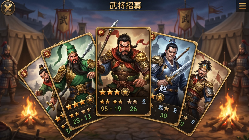 一张展示三国策略手游武将招募界面的图片,画面中央是数张武将卡牌呈扇形展开,卡牌上绘制着关羽、张飞、赵云等三国名将的威武形象,卡牌下方显示星级与属性数值,背景是古代军营帐篷与篝火,整体风格写实华丽,排版清晰,画质高清,干净无多余元素