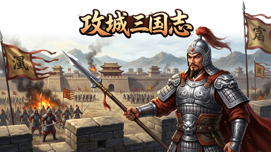 画面主体为一位身披银甲的三国名将手持长枪立于城墙之上,背景是烽火连天的古代战场与宏伟城池,布局采用竖版手机游戏海报构图,上方留白用于放置“攻城三国志”艺术字标题,排版层次分明前景人物中景城池远景山脉,风格为写实厚涂国风插画,细节包括铠甲纹路、旗帜飘扬、硝烟弥漫、士兵列阵,画质高清色彩浓郁干净无多余元素