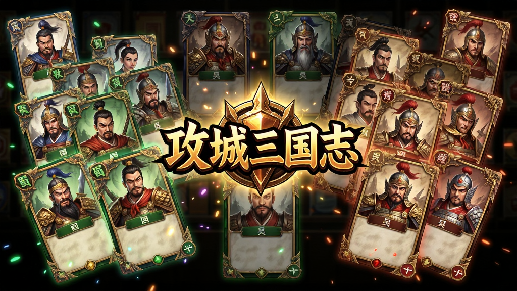 画面主体为三国武将卡牌陈列墙,数十张精美武将卡牌以扇形展开,中心突出“攻城三国志”游戏LOGO,布局为横向宽幅展示,排版左侧为蜀国武将右侧为魏国武将中间为吴国武将,风格为华丽卡牌游戏宣传图,细节包括卡牌边框纹饰、武将神态各异、光效粒子点缀,画质超清干净无多余元素