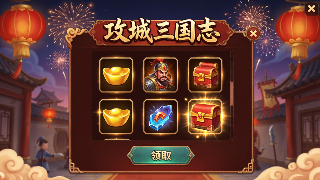 画面主体为三国主题游戏活动界面,展示春节庆典场景,红色灯笼与烟花点缀,中央有“攻城三国志”活动标题与奖励图标,布局为游戏内活动弹窗样式,排版上方标题中间奖励列表下方领取按钮,风格为喜庆中国风游戏UI,细节包括元宝图标武将碎片礼包界面光效,画质清晰干净无多余元素