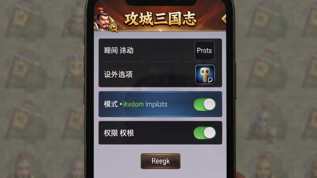 画面主体为手机屏幕展示攻城三国志游戏设置界面,画质选项与权限开关清晰可见,布局为竖版手机截图风格,排版上方为游戏标题下方为设置菜单列表,风格为简洁游戏UI界面,细节包括流畅模式选中状态、权限图标、返回按钮,画质清晰干净无多余元素