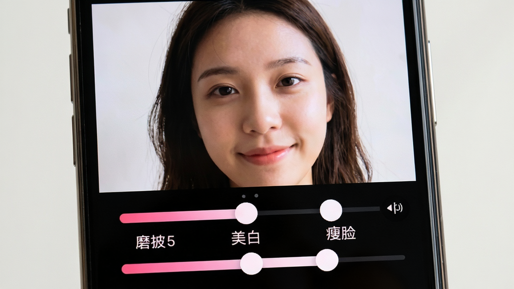 一部手机屏幕特写,屏幕上显示悦甜相机的美颜调节界面,主体是手机和屏幕上的滑块调节面板,布局为屏幕中央显示人物面部实时预览,下方排列磨皮、美白、瘦脸等调节滑块,排版为正面平视,风格为清新柔和的移动应用界面风格,细节包括粉色渐变滑块、清晰的参数数值显示、自然的人像预览效果,画质高清干净,画面中不出现多余文字和元素。