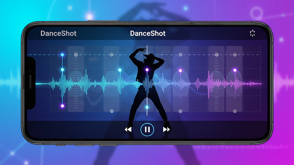 һ��չʾ DanceShot ��������ȫò��ͼƬ��������һ����׿�ֻ�������ʾ�赸������棬��Ļ����һλ���߼�Ӱ��������ನ���߶��룬���沼�ְ��������������� DanceShot���в������ڵ������ײ����ſ��ư�ť���Ű���жԳƣ����Ϊ�ִ��Ƽ����붯�й�Ч��ϣ�ϸ�ڰ�����˸�Ľ��ĵ㡢��͸������ο��ߡ��޺����Ͻ��䱳�������ʸ���ɾ����޶���Ԫ�أ����� DanceShot �����ɱ�