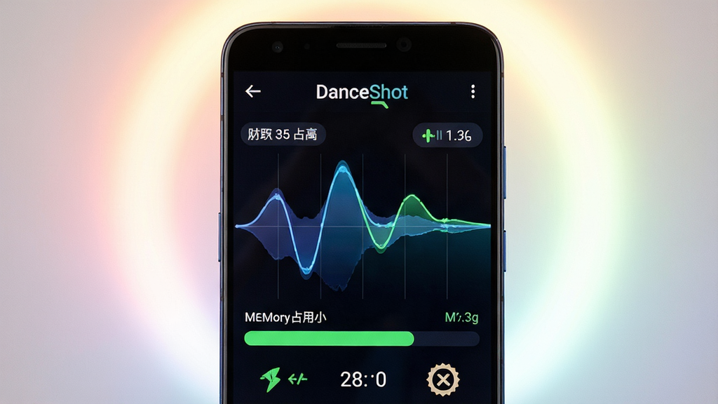 һ��չʾ DanceShot �����������е�ͼƬ������Ϊһ����ͨ��׿�ֻ���ʾ�������н��棬�����д��������Ĳ��ζ�������ɫ����ָʾ��������Ϊ�ֻ����У�����Ϊ��͹��Σ��������죬ϸ�ڰ����ڴ�ռ��С��ǩ��������ͼ�ꡢ�޿��ٱ�ʶ�����ʸ���ɾ����޶���Ԫ�أ��������� DanceShot ����
