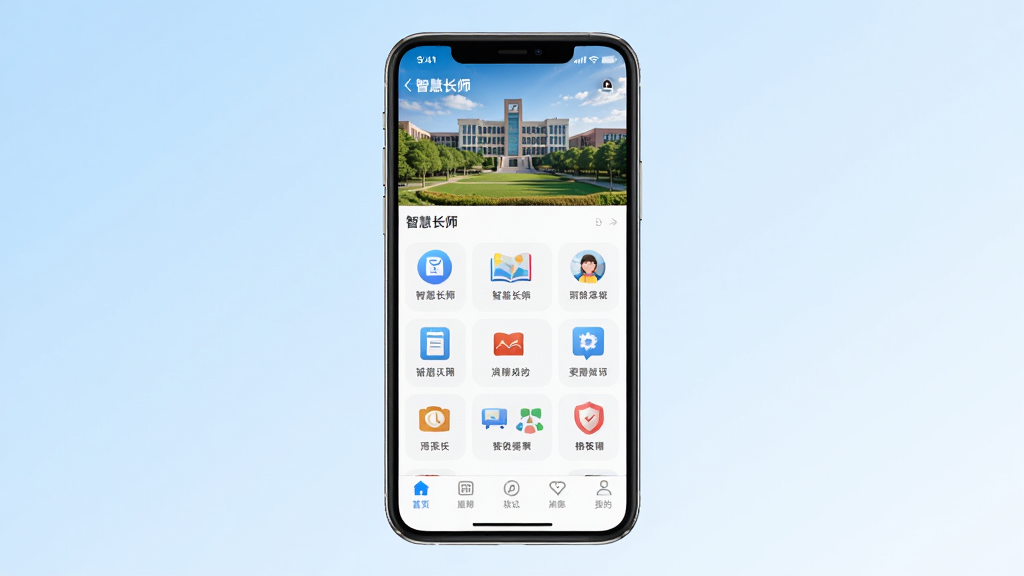 智慧长师软件主界面全貌展示,画面中央是手机屏幕,屏幕内显示智慧长师APP的首页布局,顶部有校园风景横幅,中部是功能图标网格,底部是导航栏,背景为浅蓝色渐变,风格简洁清新,细节清晰,画质干净,无多余元素