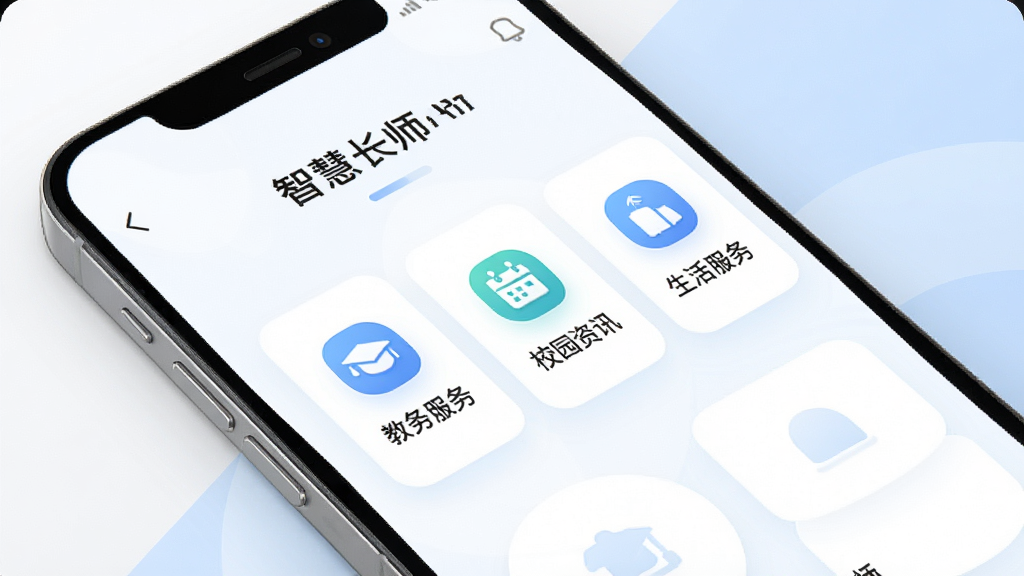 智慧长师APP功能界面展示,画面中手机屏幕显示教务服务、校园资讯、生活服务三大模块的图标与文字标识,布局清晰,风格现代简约,背景为白色与淡蓝色搭配,细节精致,画质干净,无多余元素
