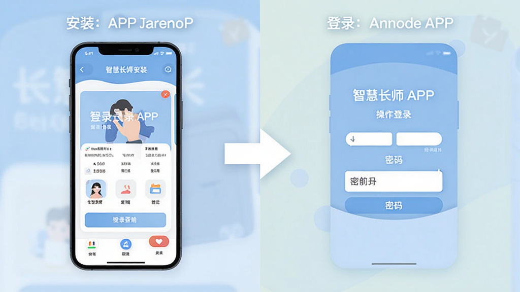 智慧长师APP安装与登录操作流程图,画面分为左右两部分,左侧展示手机安装界面,右侧展示登录页面与密码输入框,中间用箭头连接,风格扁平化,色彩柔和,细节清晰,画质干净,无多余元素