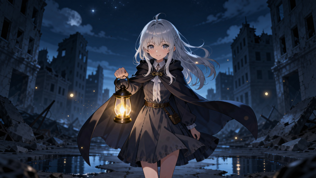 画面中央是一位银发少女,身穿深色斗篷,手持一盏散发暖黄色光芒的提灯,站在被永夜笼罩的废墟城市街道上,背景是深蓝色夜空与残破建筑,整体布局为竖版手机壁纸比例,排版上方留出天空区域,风格为日系二次元奇幻插画,细节包括飘散的微光粒子、地面水洼倒影、少女裙摆随风轻扬,画质高清,干净,无多余元素,画面中不出现任何文字。