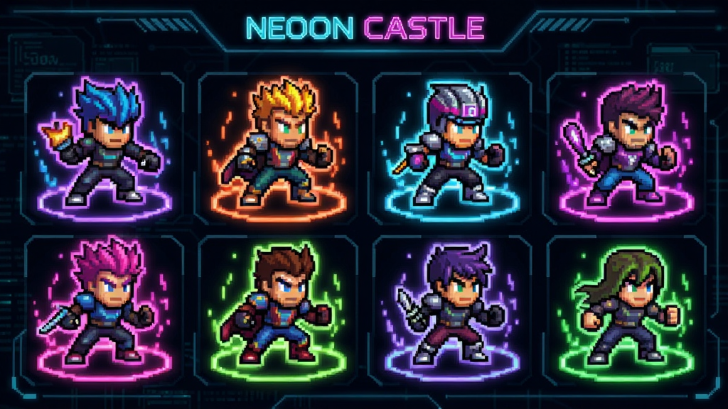 Neon Castle 英雄选择界面,多位霓虹像素英雄排列展示,每个英雄带有不同颜色光效,背景是科技感界面,布局整齐,高清画质