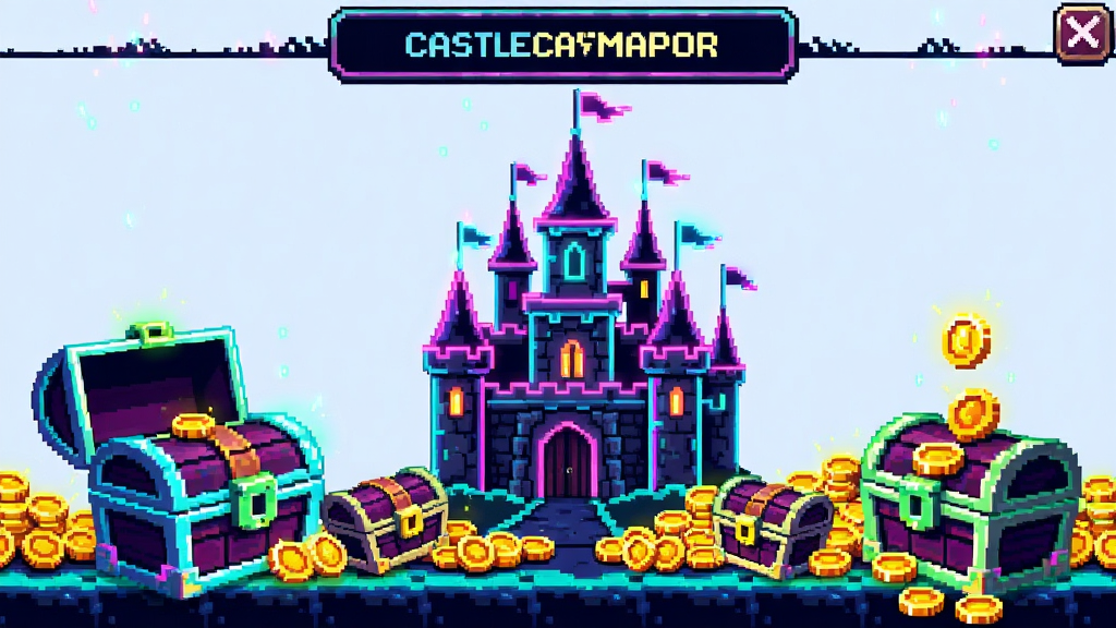 Neon Castle 离线收益结算界面,宝箱与金币堆满屏幕,霓虹光效闪烁,像素风格,干净背景,高清晰度