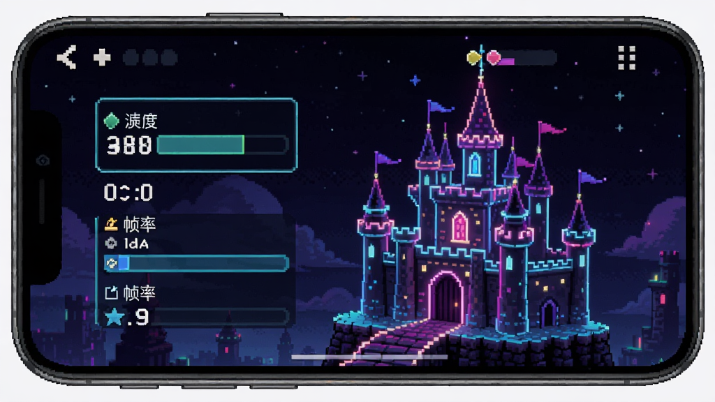 Neon Castle 手机端游戏设置界面,画质与帧率选项清晰可见,霓虹像素风格,干净布局,高清截图