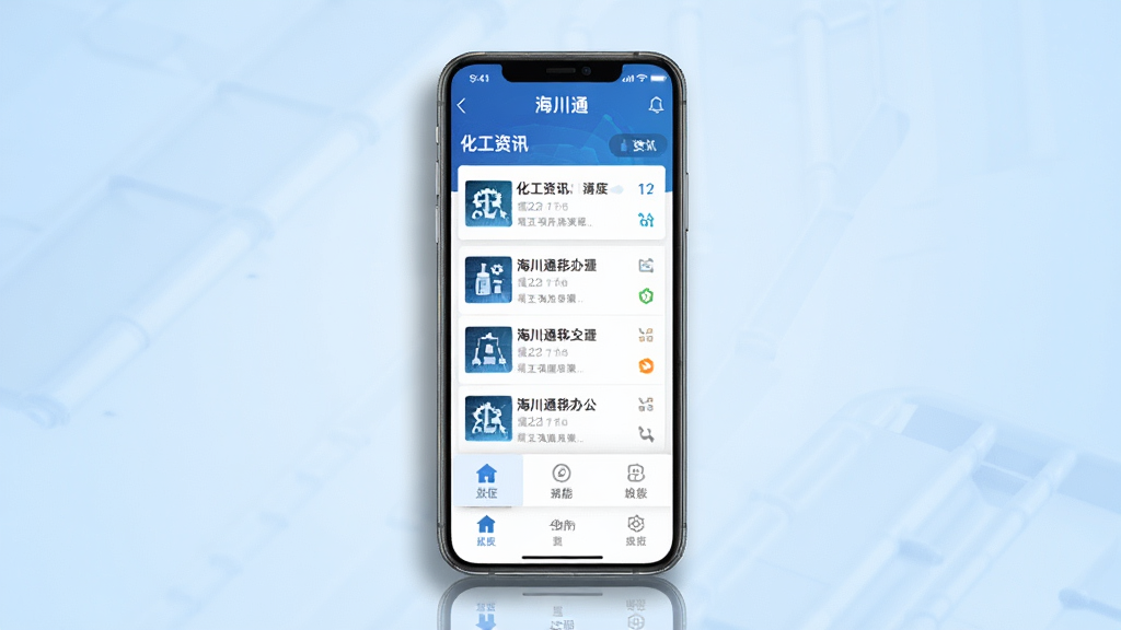 海川通移动办公软件界面展示,主体为一部智能手机居中放置,屏幕显示海川通APP首页,包含化工资讯列表与功能菜单,布局简洁清晰,排版上下分层,风格为现代商务科技风,细节上手机有轻微阴影与反光,背景为浅蓝色渐变,画质高清,干净,无多余元素